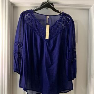 Blue Embellished Blouse with Bib Collar NWT